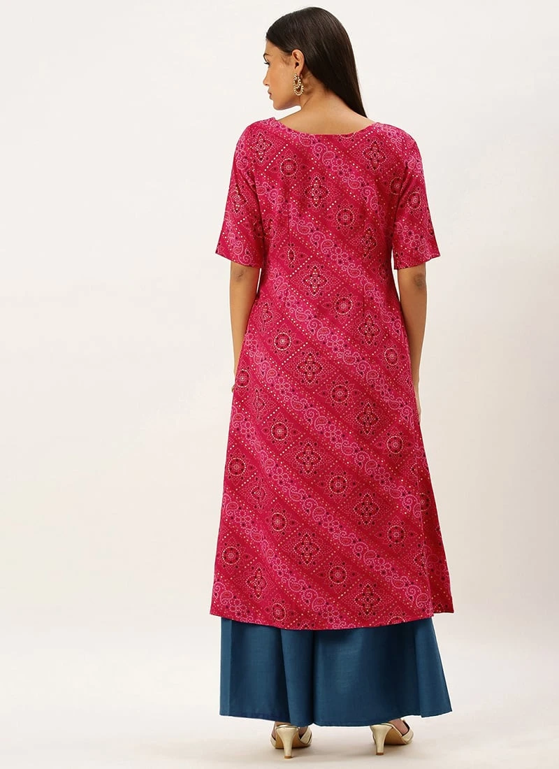 Teen Girls Pink Chanderi Art Silk A Line Kurta Set Festive Wear - Image 4
