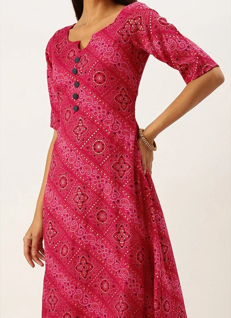 Teen Girls Pink Chanderi Art Silk A Line Kurta Set Festive Wear