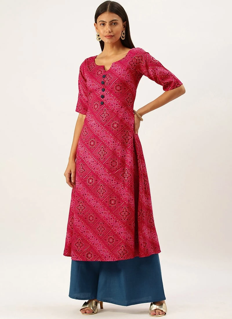 Teen Girls Pink Chanderi Art Silk A Line Kurta Set Festive Wear - Image 3