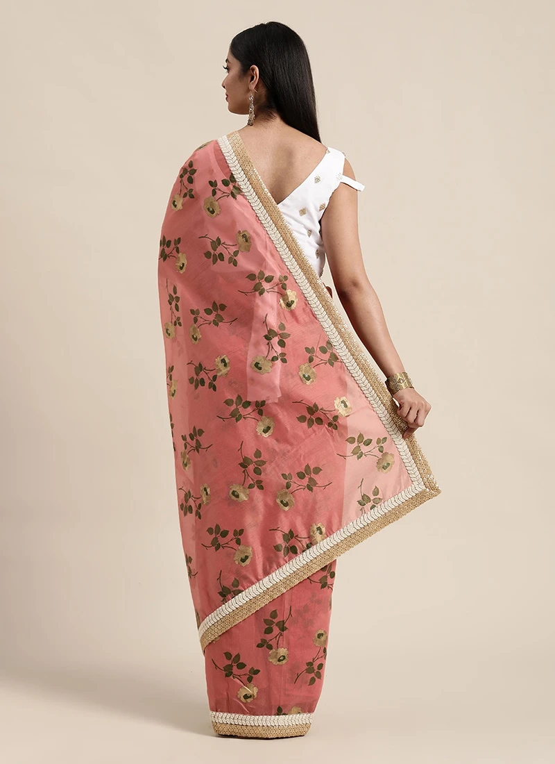 Teen Girls Pink Chanderi Saree N White Embroidered Blouse Festive Wear - Image 4