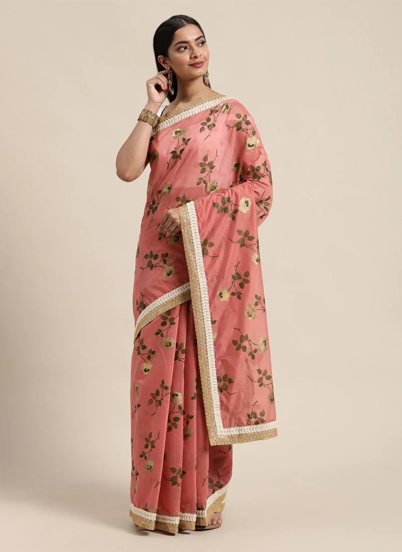 Teen Girls Pink Chanderi Saree N White Embroidered Blouse Festive Wear - Image 3