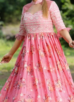 Teen Girls Pink Chinon Embroidered Gown Wedding Wear