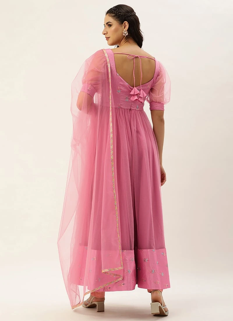 Teen Girls Pink Chinon Embroidered N Net Anarkali Suit Festive Wear - Image 4