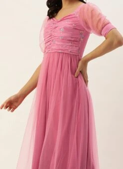 Teen Girls Pink Chinon Embroidered N Net Anarkali Suit Festive Wear