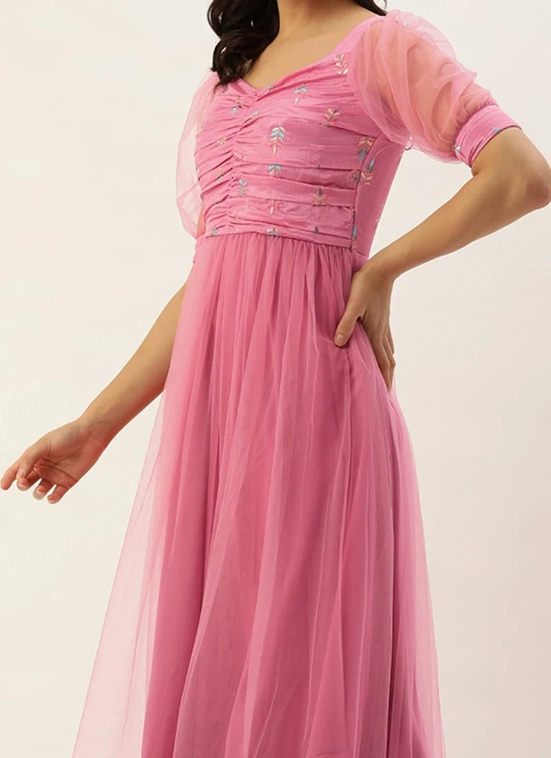 Teen Girls Pink Chinon Embroidered N Net Anarkali Suit Festive Wear