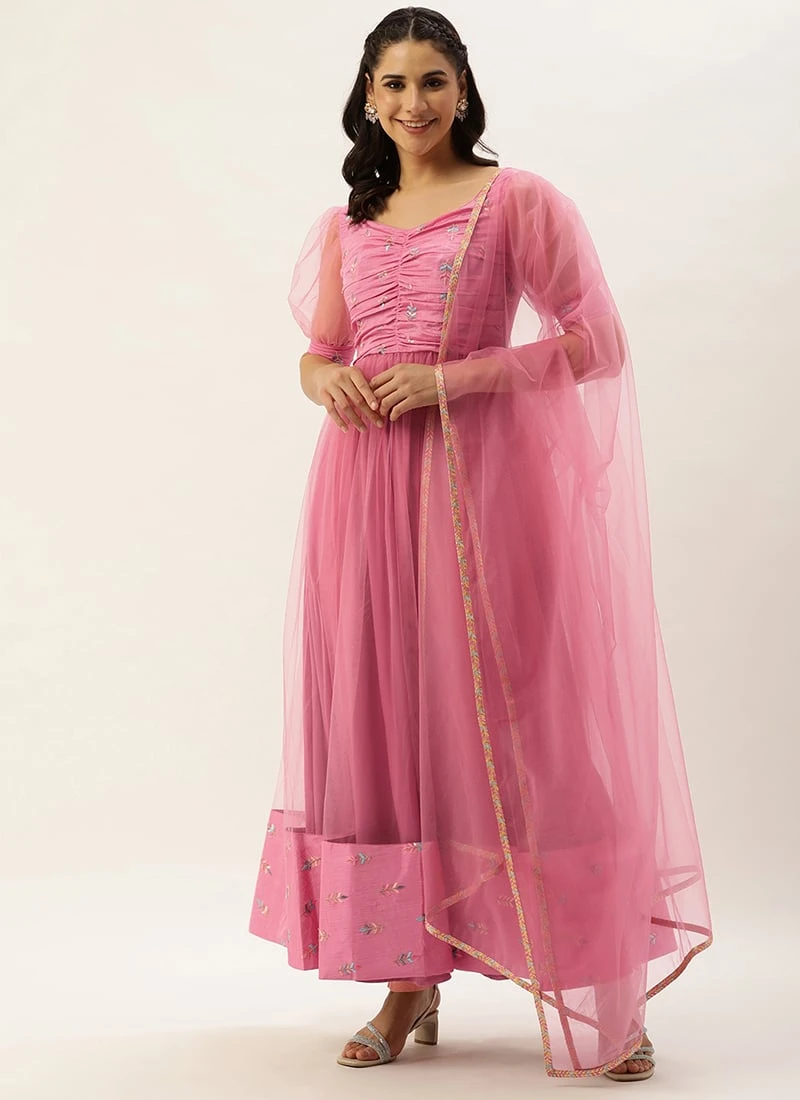 Teen Girls Pink Chinon Embroidered N Net Anarkali Suit Festive Wear - Image 3