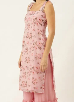 Teen Girls Pink Digital Printed Organza Kurta Set Festive Wear