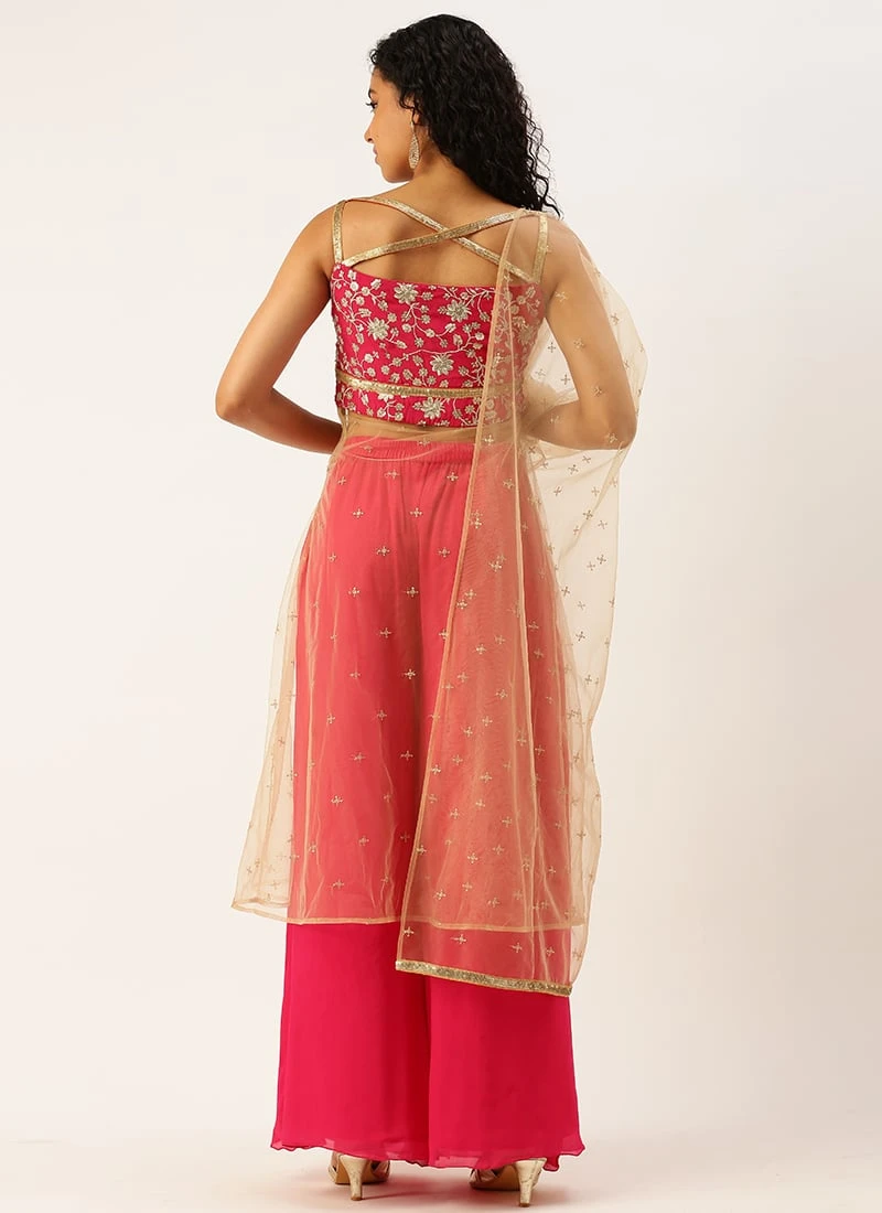Teen Girls Pink Embroidered Chinon Palazzo Suit Set Festive Wear - Image 4