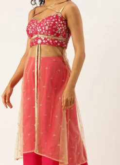 Teen Girls Pink Embroidered Chinon Palazzo Suit Set Festive Wear