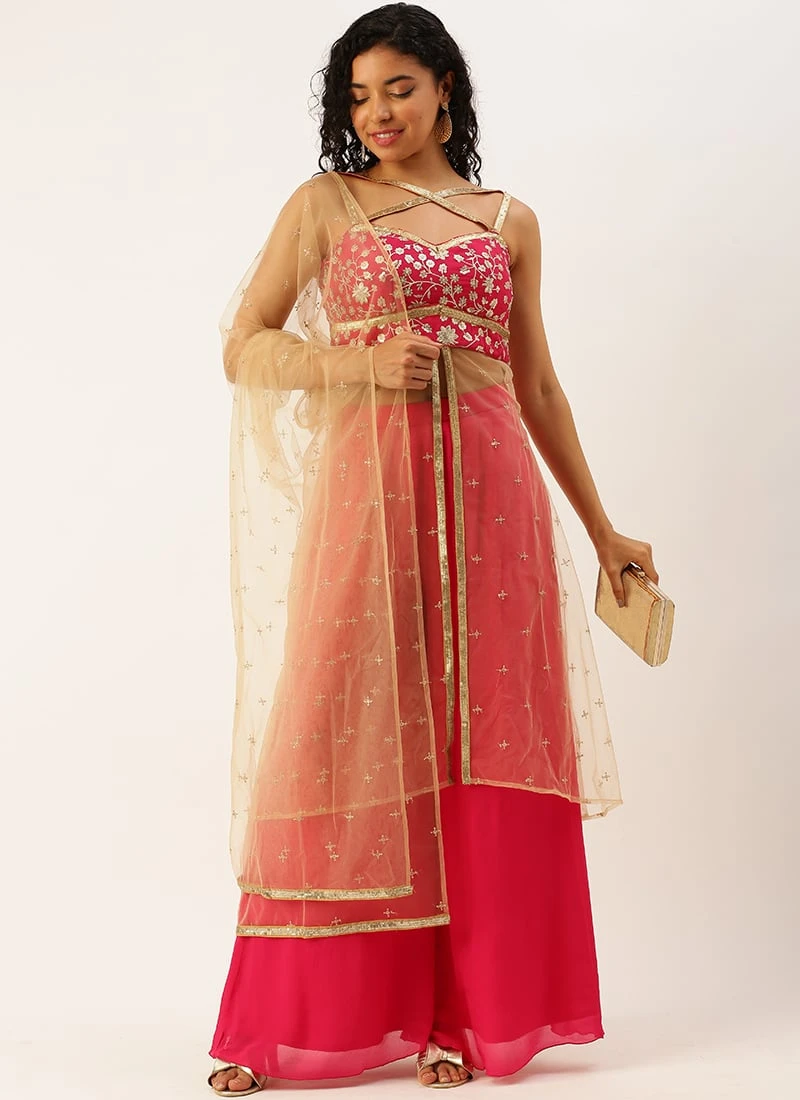 Teen Girls Pink Embroidered Chinon Palazzo Suit Set Festive Wear - Image 3
