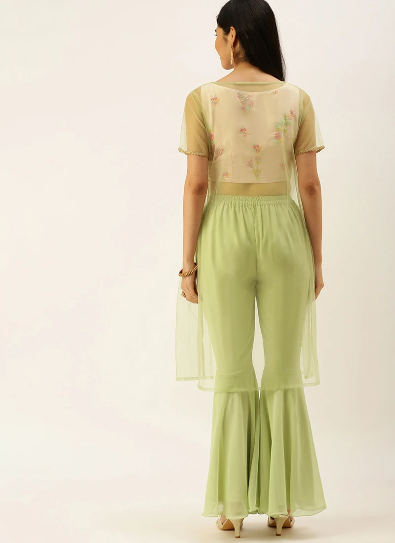 Teen Girls Pink Embroidered Crop Top N Gharara Bottom With Jacket Festive Wear - Image 4