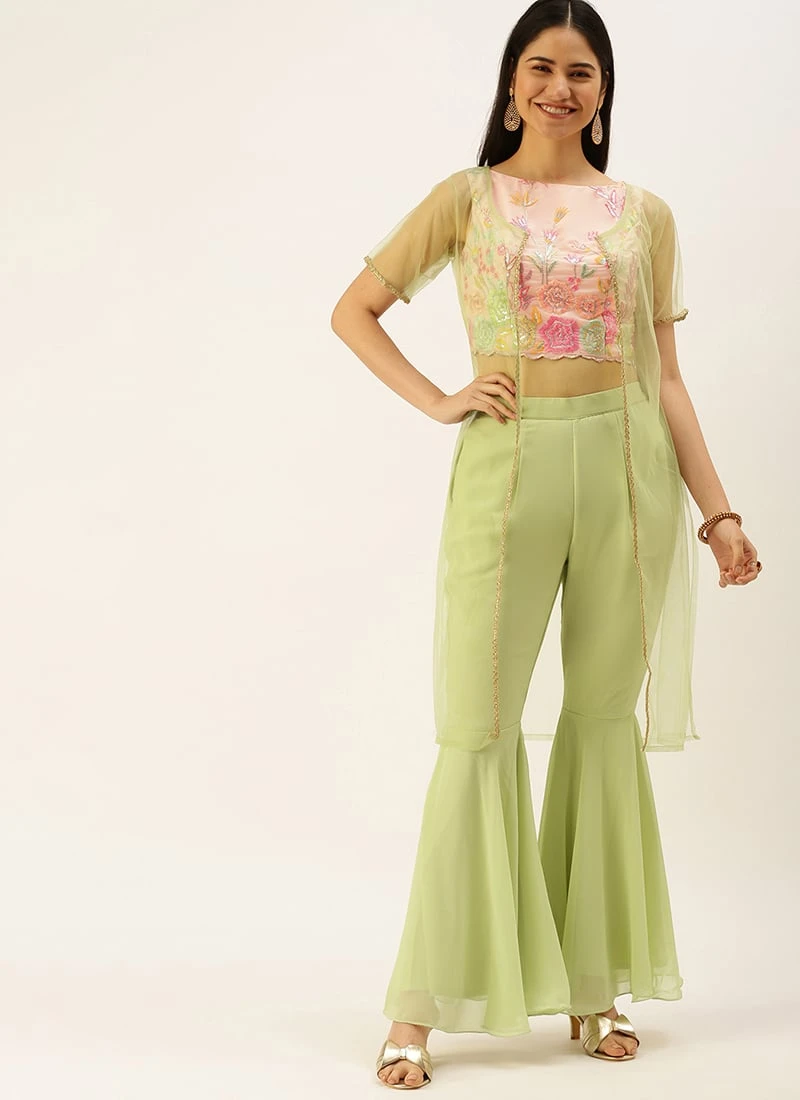 Teen Girls Pink Embroidered Crop Top N Gharara Bottom With Jacket Festive Wear - Image 3