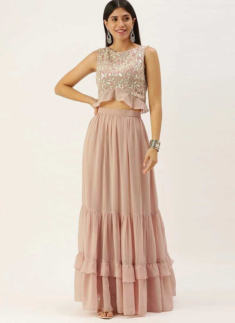 Teen Girls Pink Embroidered Crop Top N Skirt Party Wear - Image 3