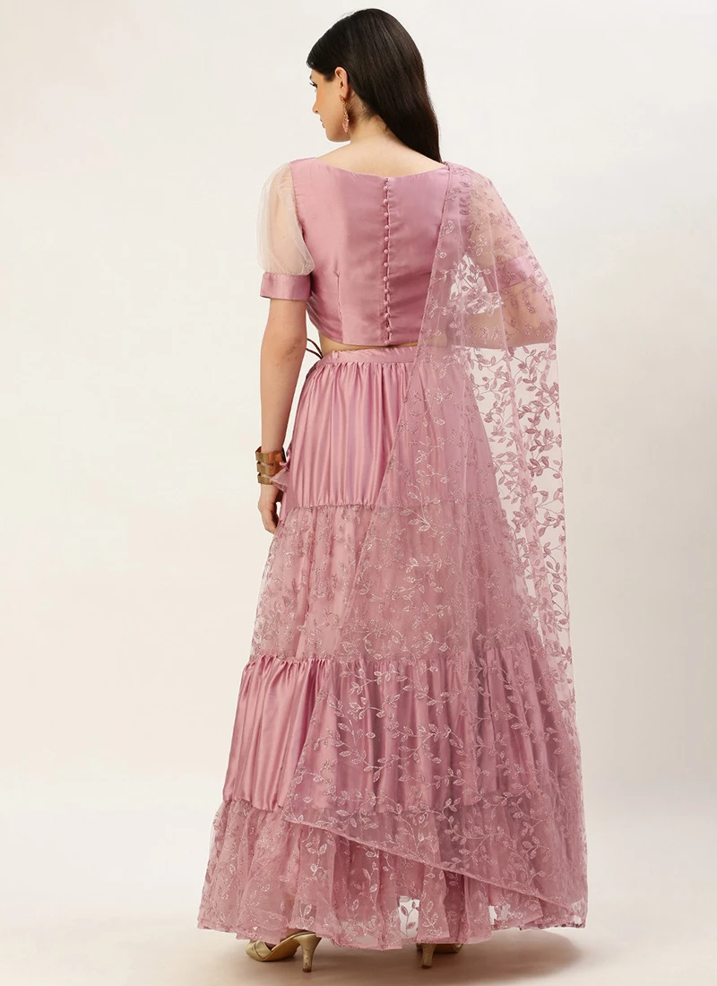 Teen Girls Pink Embroidered Gathered Net Lehenga Set Festive Wear - Image 4