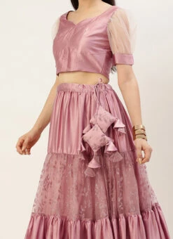 Teen Girls Pink Embroidered Gathered Net Lehenga Set Festive Wear