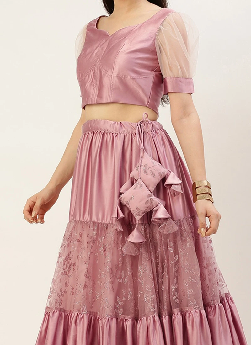 Teen Girls Pink Embroidered Gathered Net Lehenga Set Festive Wear