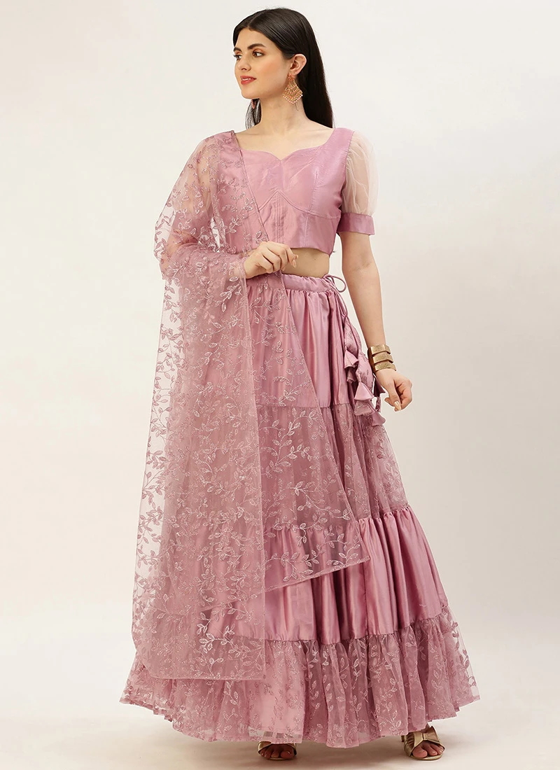 Teen Girls Pink Embroidered Gathered Net Lehenga Set Festive Wear - Image 3