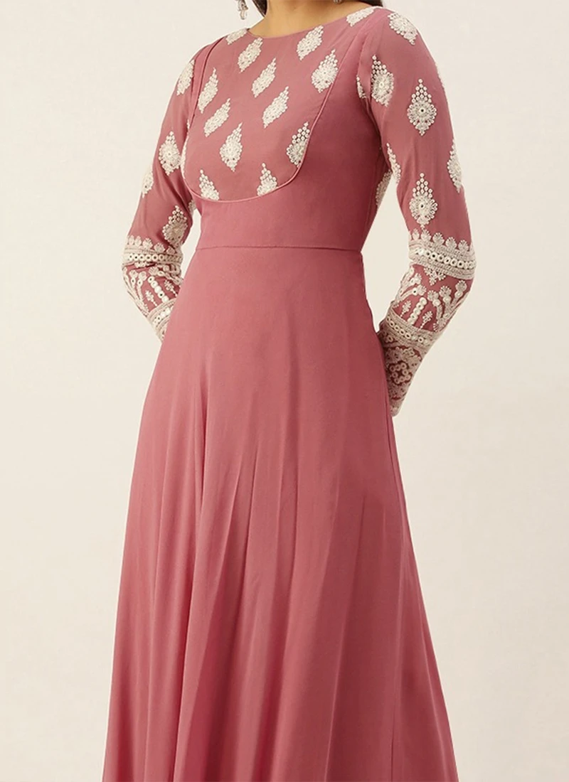 Teen Girls Pink Embroidered Georgette Anarkali Suit Work Wear