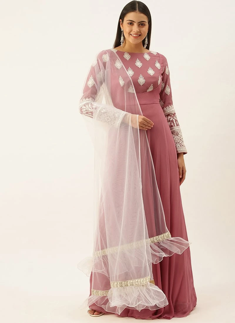 Teen Girls Pink Embroidered Georgette Anarkali Suit Work Wear - Image 3