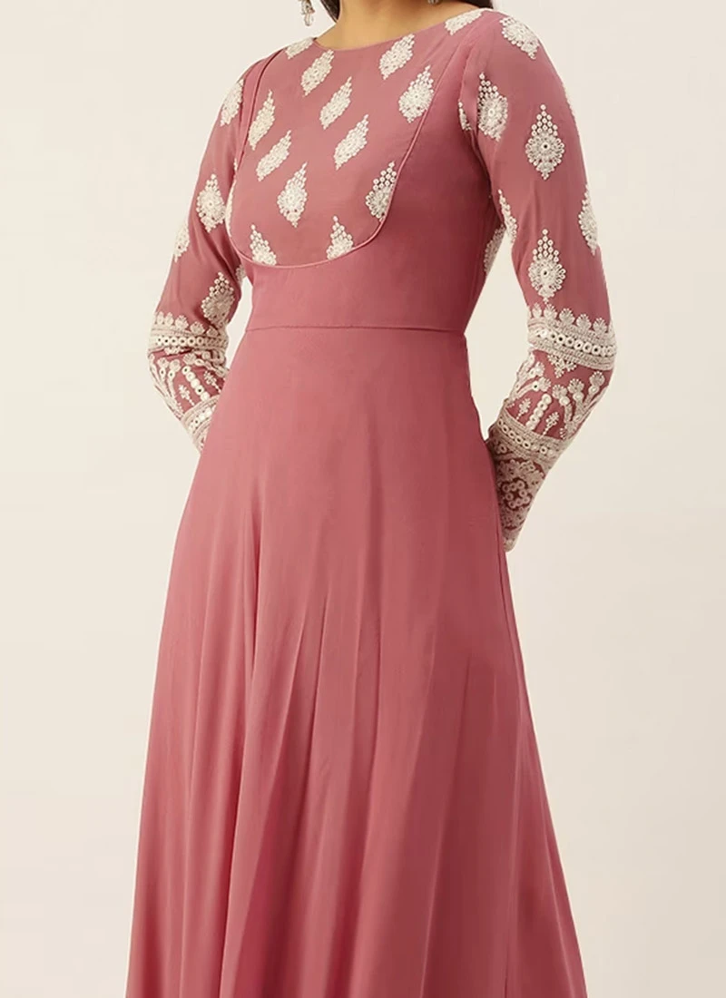 Teen Girls Pink Embroidered Georgette Gown Festive Wear