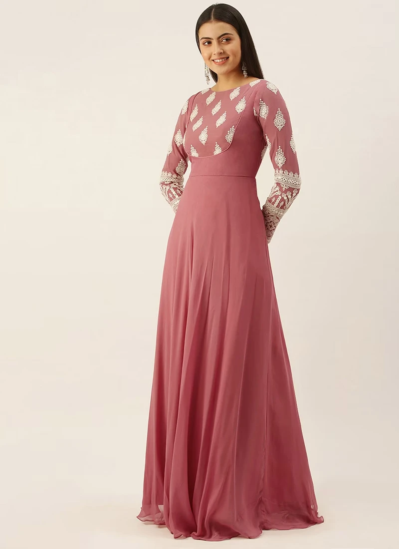 Teen Girls Pink Embroidered Georgette Gown Festive Wear - Image 3