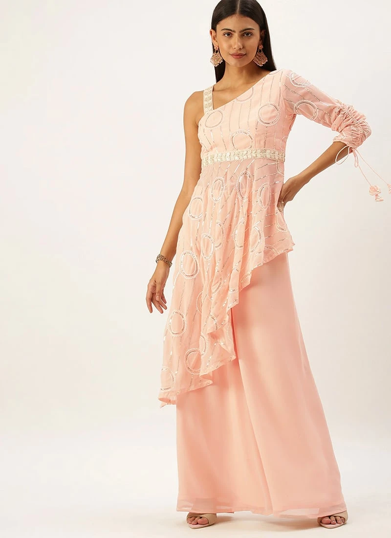 Teen Girls Pink Embroidered Georgette Indo Western Festive Wear - Image 3