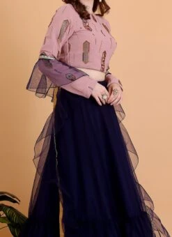 Teen Girls Pink Embroidered Georgette N Blue Net Lehenga Festive Wear