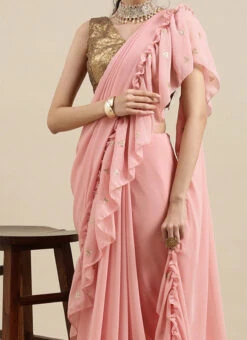 Teen Girls Pink Embroidered Georgette Ruffle Saree After Six Wear