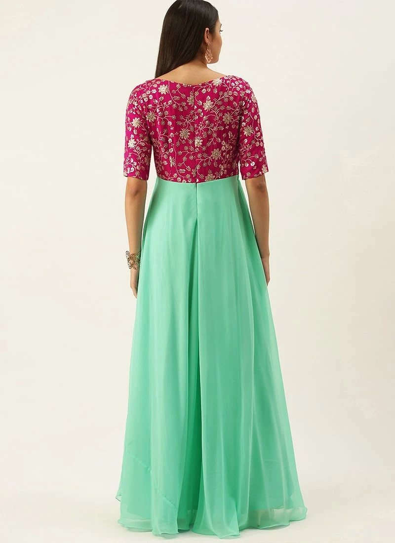 Teen Girls Pink Embroidered N Turquoise Overlapping Style Gown Festive Wear - Image 4