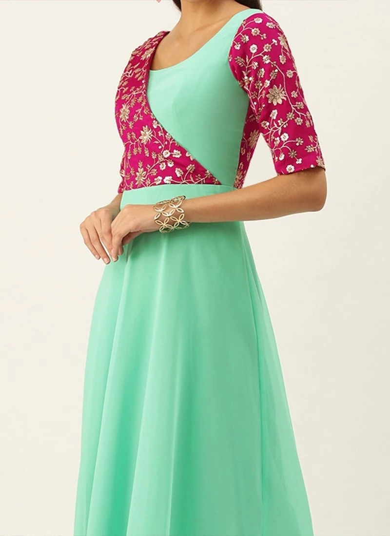 Teen Girls Pink Embroidered N Turquoise Overlapping Style Gown Festive Wear