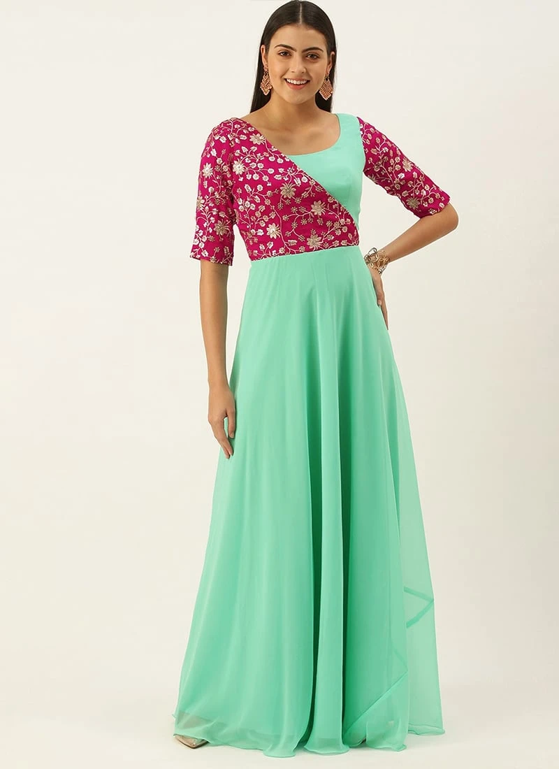 Teen Girls Pink Embroidered N Turquoise Overlapping Style Gown Festive Wear - Image 3