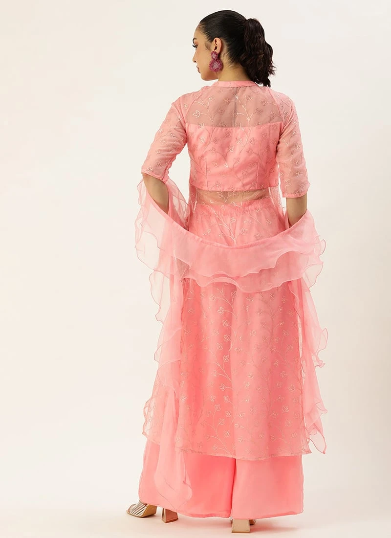 Teen Girls Pink Embroidered Oragnza Palazzo Suit Festive Wear - Image 4