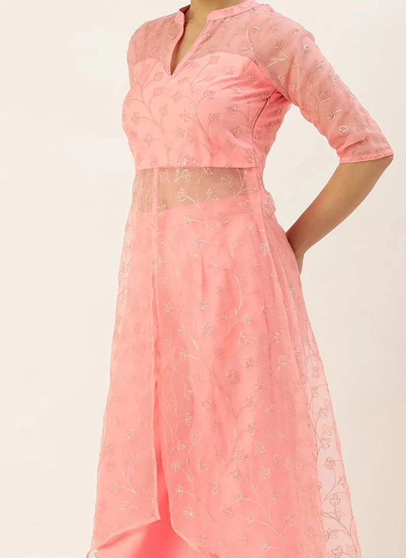 Teen Girls Pink Embroidered Oragnza Palazzo Suit Festive Wear