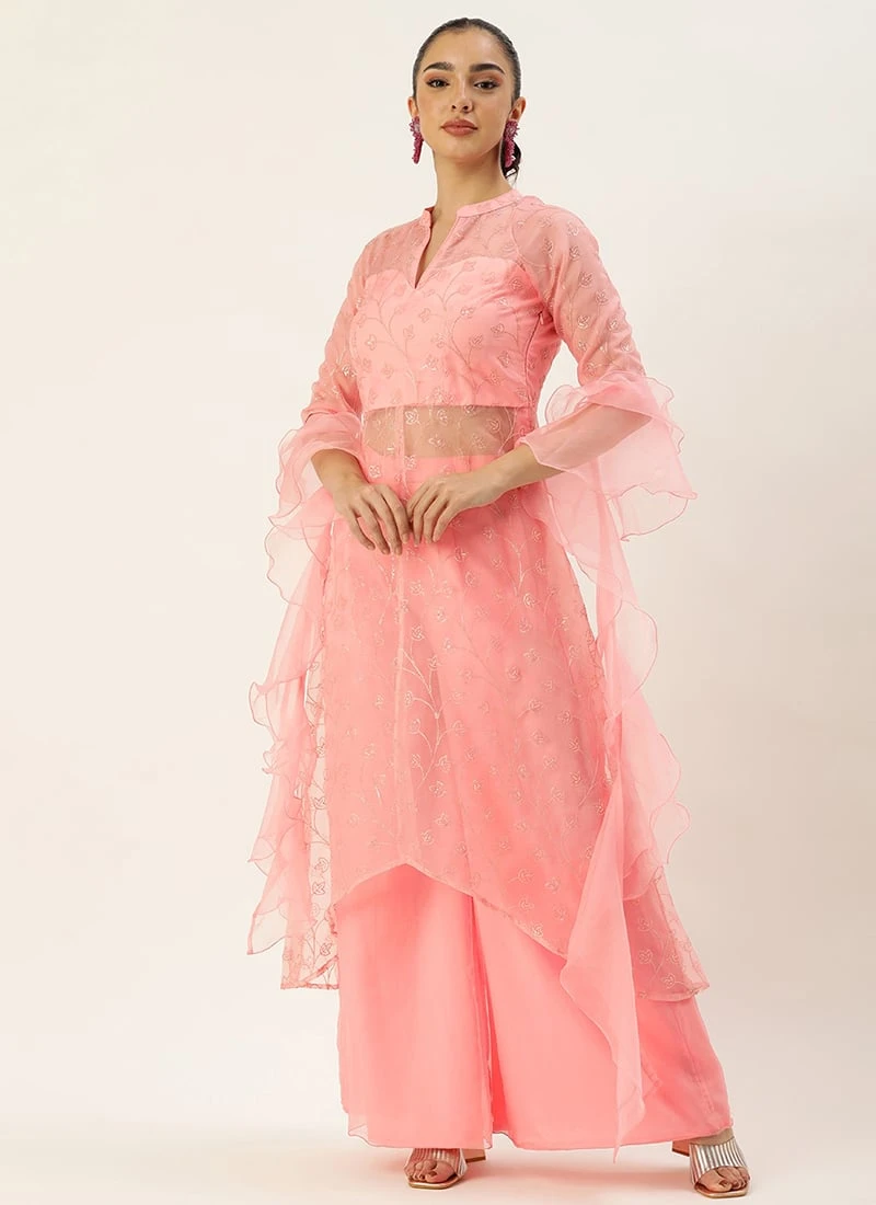 Teen Girls Pink Embroidered Oragnza Palazzo Suit Festive Wear - Image 3