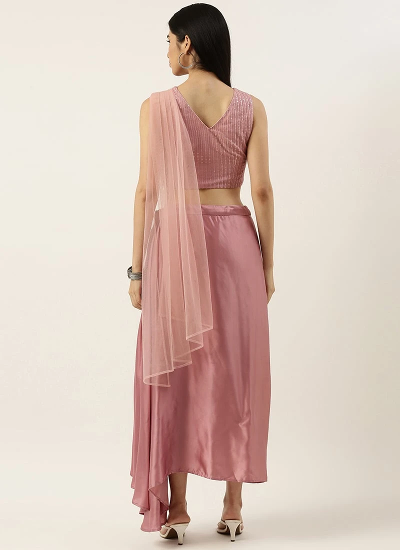 Teen Girls Pink Embroidered Satin Drape Skirt Set Party Wear - Image 4