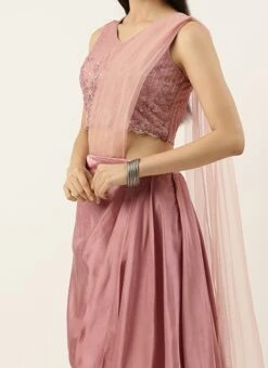 Teen Girls Pink Embroidered Satin Drape Skirt Set Party Wear