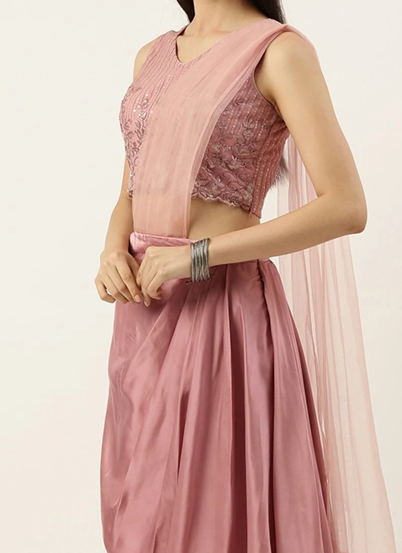 Teen Girls Pink Embroidered Satin Drape Skirt Set Party Wear