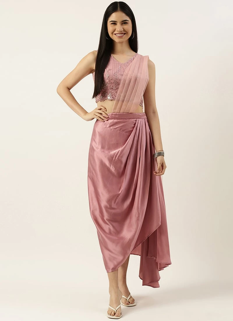 Teen Girls Pink Embroidered Satin Drape Skirt Set Party Wear - Image 3