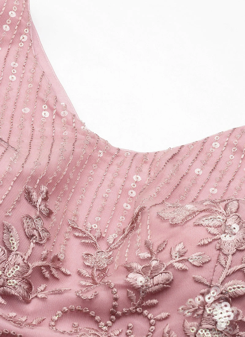 Teen Girls Pink Embroidered Satin Drape Skirt Set Party Wear - Image 5