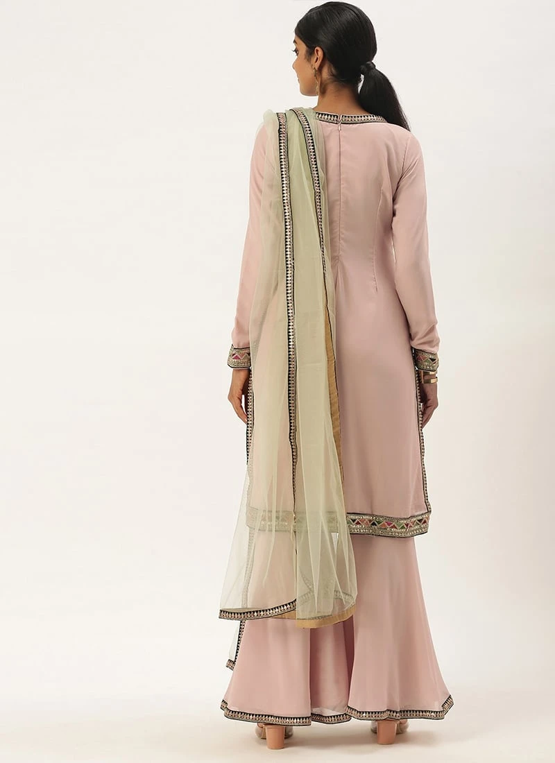 Teen Girls Pink Ebroidered Square Neck Sharara Suit Festive Wear - Image 4