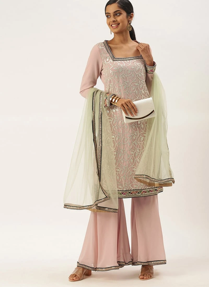 Teen Girls Pink Ebroidered Square Neck Sharara Suit Festive Wear - Image 3