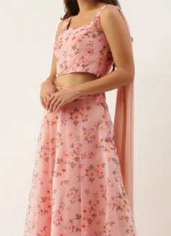 Teen Girls Pink Floral Organza Crop Top N Skirt Set Party Wear