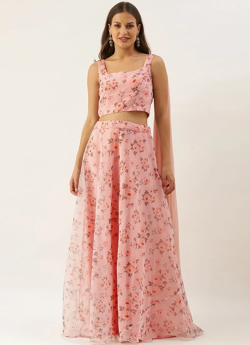 Teen Girls Pink Floral Organza Crop Top N Skirt Set Party Wear - Image 3