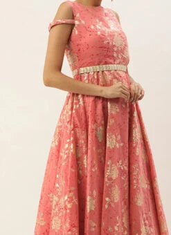 Teen Girls Pink Foil Printed Art Silk Gown Party Wear
