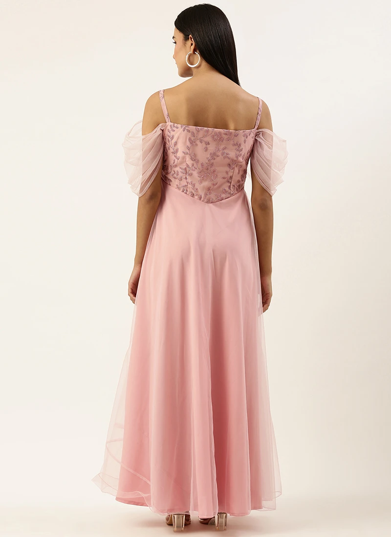 Teen Girls Pink Foil Printed Net Gown After Six Wear - Image 4