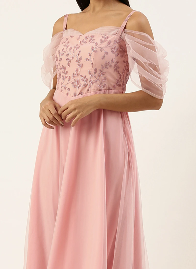 Teen Girls Pink Foil Printed Net Gown After Six Wear