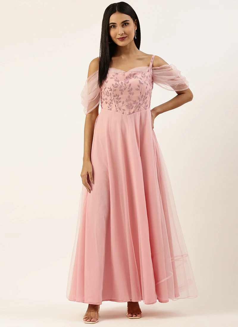 Teen Girls Pink Foil Printed Net Gown After Six Wear - Image 3