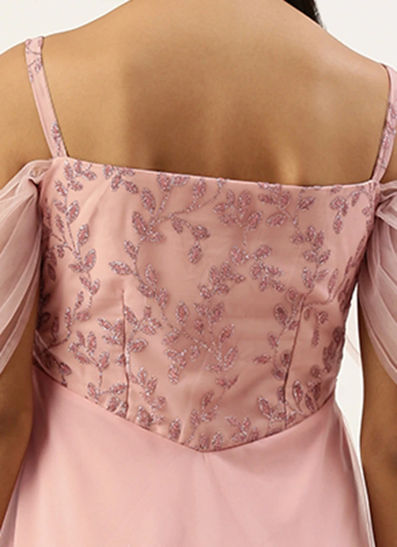 Teen Girls Pink Foil Printed Net Gown After Six Wear - Image 6