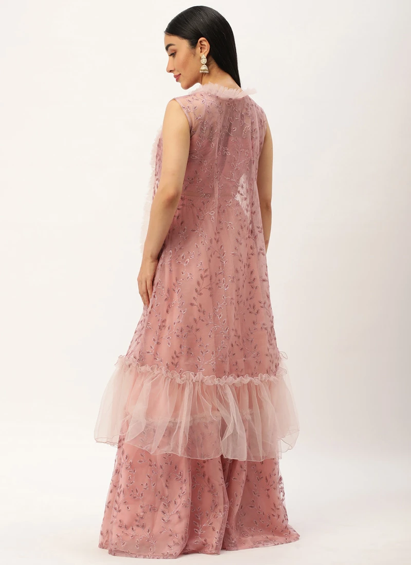 Teen Girls Pink Foil Printed Net Lehanga Jacket Set Wedding Wear - Image 4