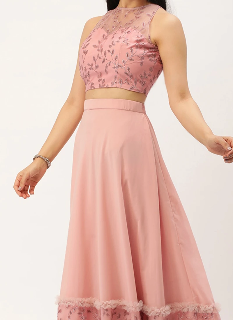 Teen Girls Pink Foil Printed Net Lehanga Jacket Set Wedding Wear